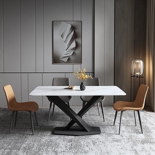 White Sintered Stone Dining Table with X-shaped Carbon Steel Legs - Bed ...