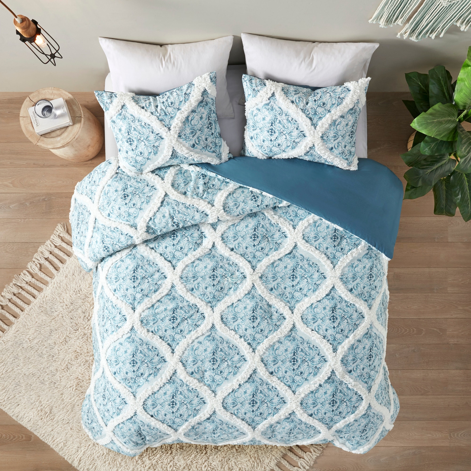 PAISLEY GEOMETRIC STRIPED TEAL BLUE COTTON BLEND DOUBLE DUVET COVER 