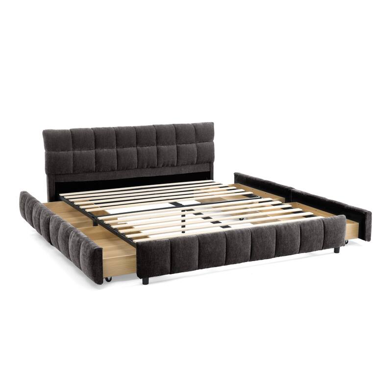 Queen Size Upholstered Bed with Tufted Headboard, Chenille Fabric Platform Bed with 4 Storage Drawers, Solid Wood Bed Frame
