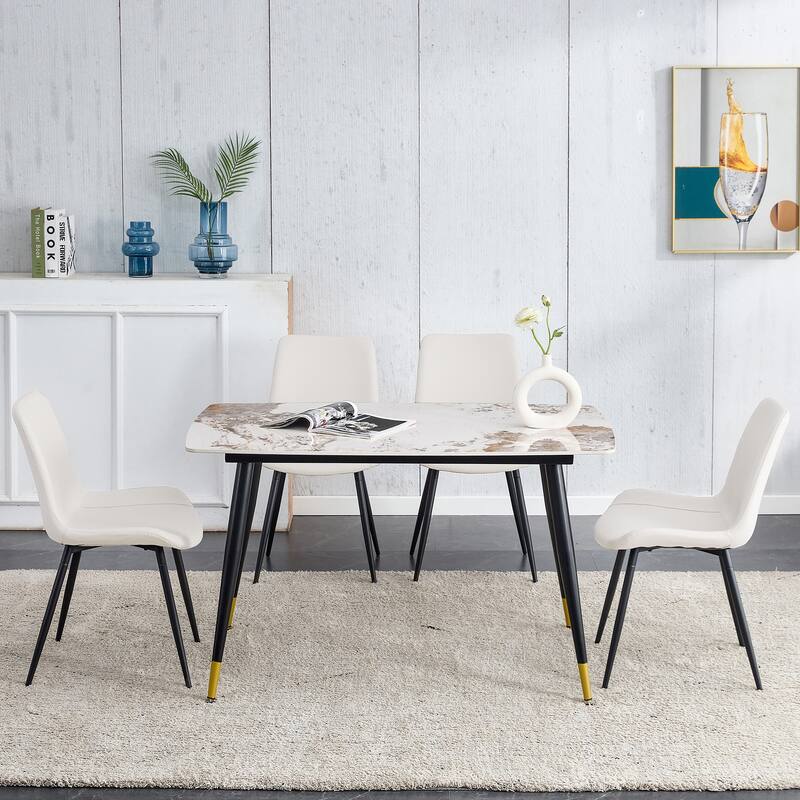 48.4" 5-Piece Sintered Stone Dining Table Set with 4 PU Chairs, Curved Widened Cushions, Pandora Patterned Rock Slab Desktop