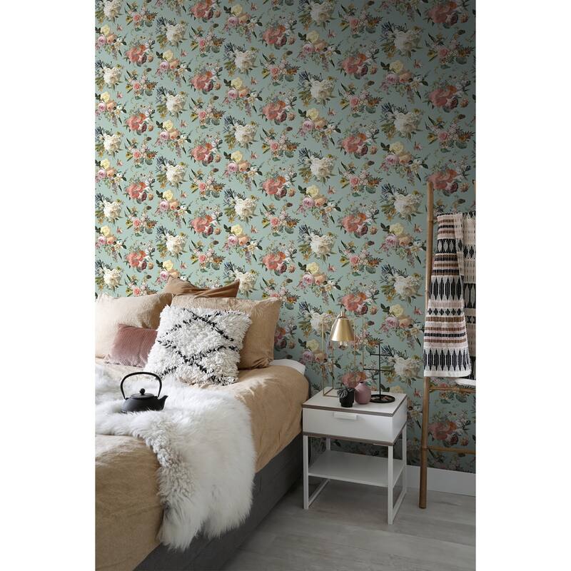 Antonia Aqua Vintage Bouquet Wallpaper