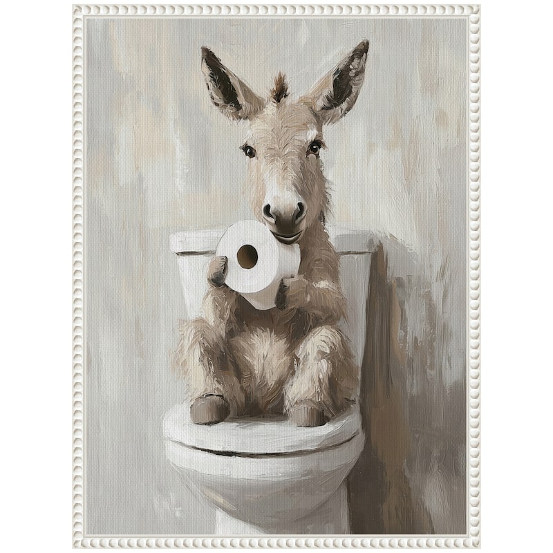 Kate and Laurel Sylvie Cute Donkey Holding Toilet Paper Roll Toilet Bathroom Art Framed Canvas by The Creative Bunch Studio