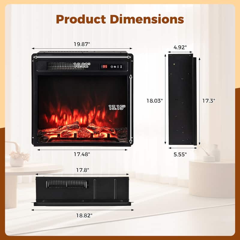 18 Inch Electric Adjustable Flames Fireplace Insert with Remote and 2 Heat Settings Timer Thermostat - 19.87" x 5.55" x 18.03"