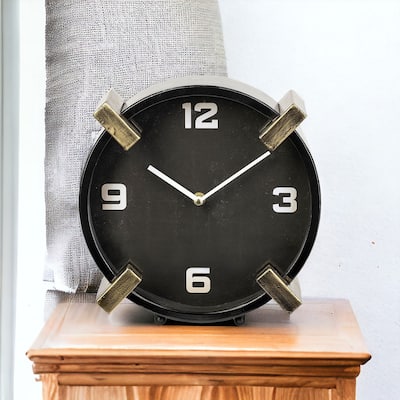 HomeRoots Black Gold Metal Round Desk Table Clock - 4.5' X '10' X '10