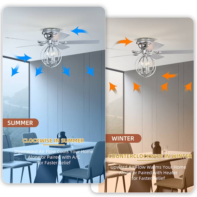 5-blade 52-inch Chrome Ceiling Fan with 3-Light (NO INCLUDE BULB) Chandelier (Remote Controlled)