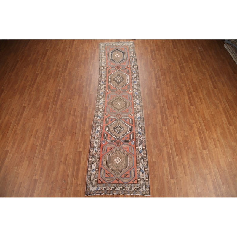 Hand Knotted Oriental 100% Wool Carpet Traditional Tribal Coral Hamedan Runner Rug - 13' 2'' X 3' 5''