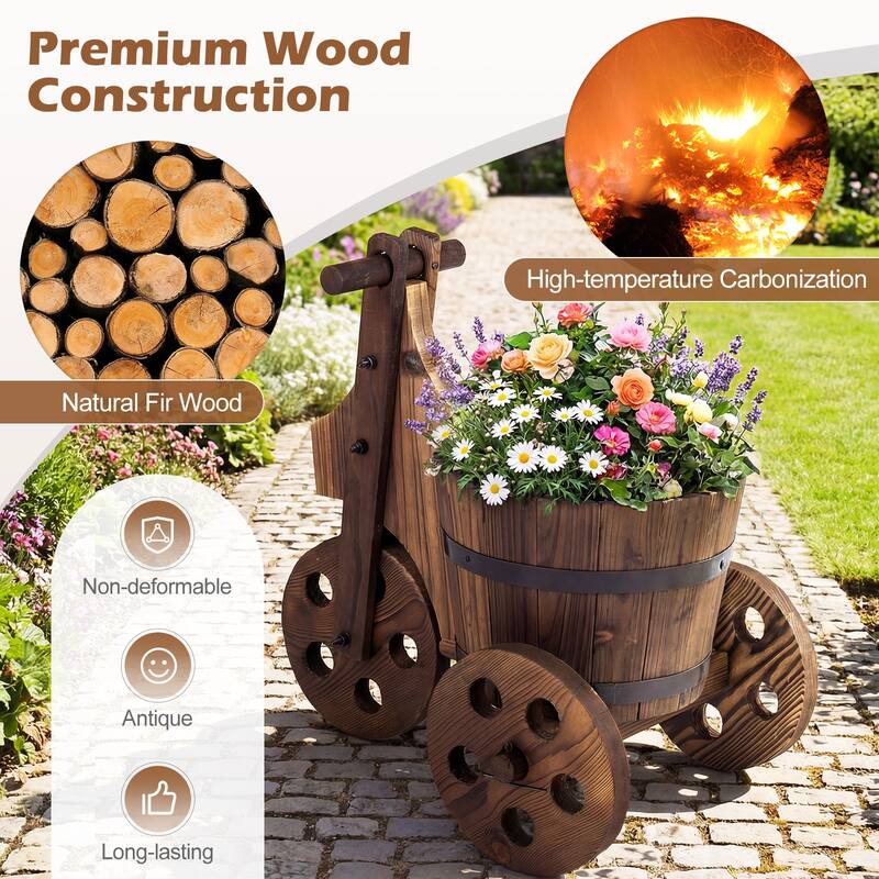 Gymax Rustic Wood Tricycle Planter w/Barrel Pot & Drainage for Patio