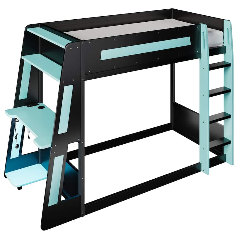 Full or Twin Gaming Bunk Bed Gaming Loft Bed with Built-In Gaming Station Cable Management for Gamer Gaming Hotel Gaming Suite