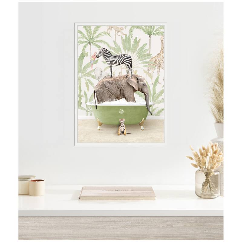 Kate and Laurel Sylvie Zebra Elephant and Weasel in Wild Safari Bathtub Framed Canvas by Amy Peterson