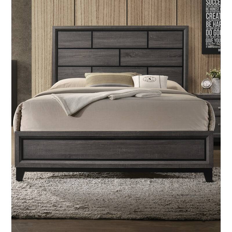 Contemporary Queen Panel Bed with Box Design Headboard, Rubberwood Frame, and Modern Transitional Style - Antique Gray