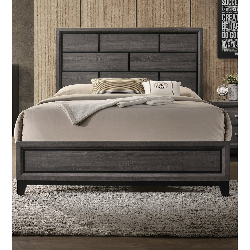 Grey Finish 1pc Queen Size Panel Bed Beautiful Wooden Bedroom Furniture Box Design Headboard FB Rubber wood Paper veneer