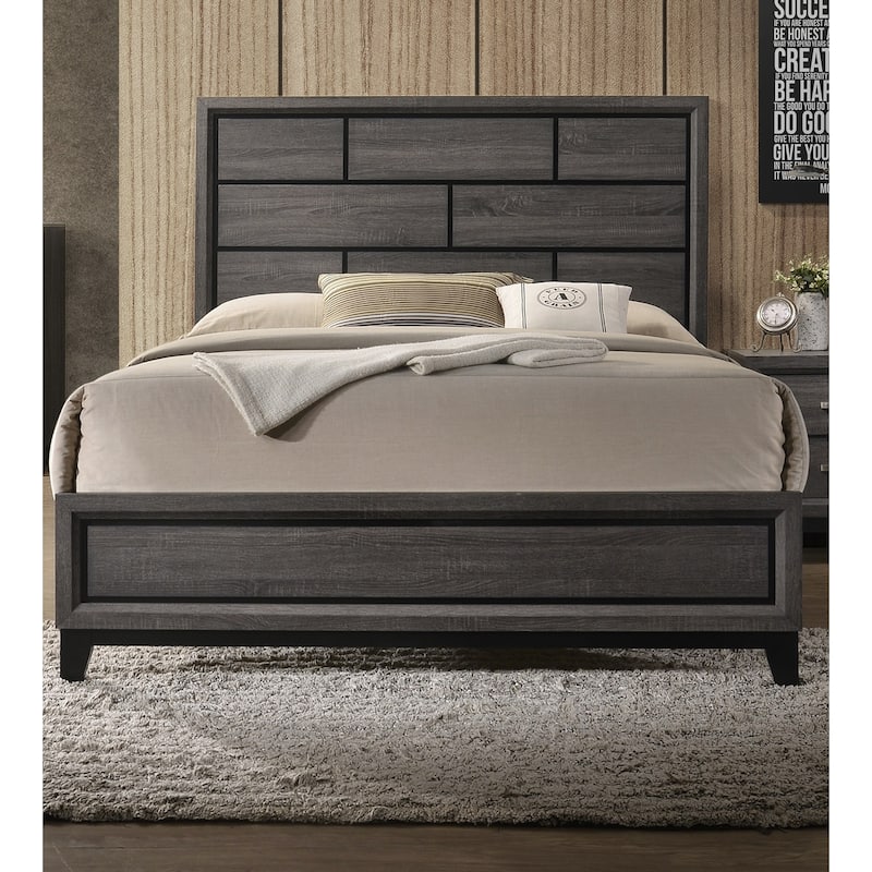 Queen Size Panel Bed with Gray Finish and Box Design Headboard - Antique Gray