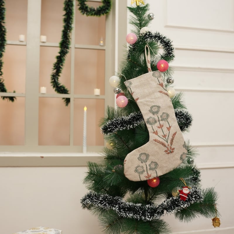 Fabdivine Hand Block Floral Print Christmas Knit Stockings, Home Decorative Gift Use - 16"X6.5"