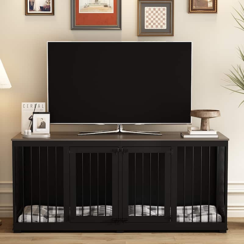 Dog Crate with Double Doors TV Stand for Large Medium Small Dogs,70"W - gray black