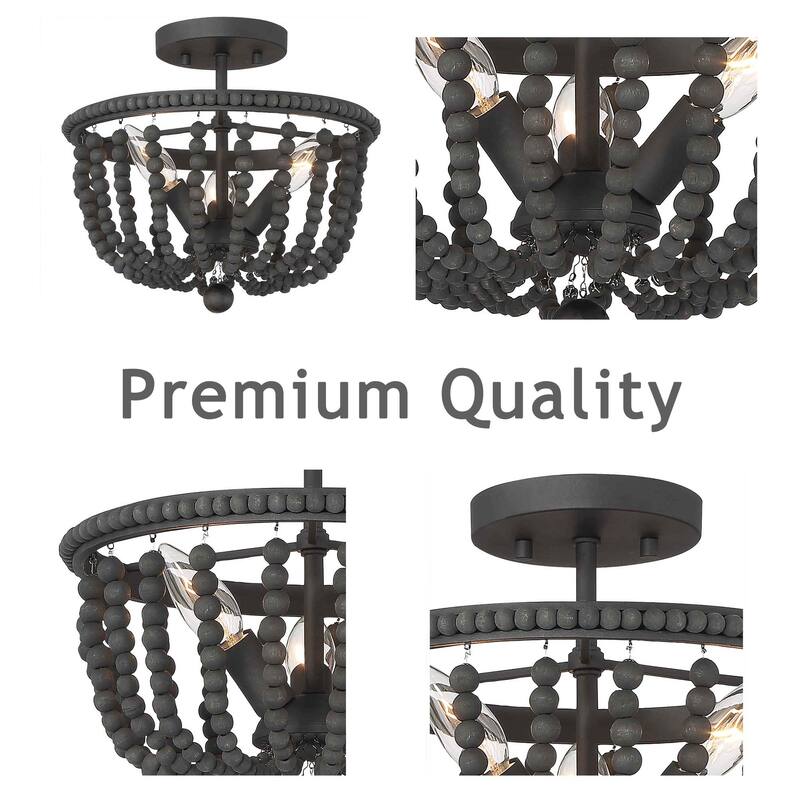 Cauhu 3-light Farmhouse Coastal Wood Beaded Semi Flush Mount Ceiling Lights -UL