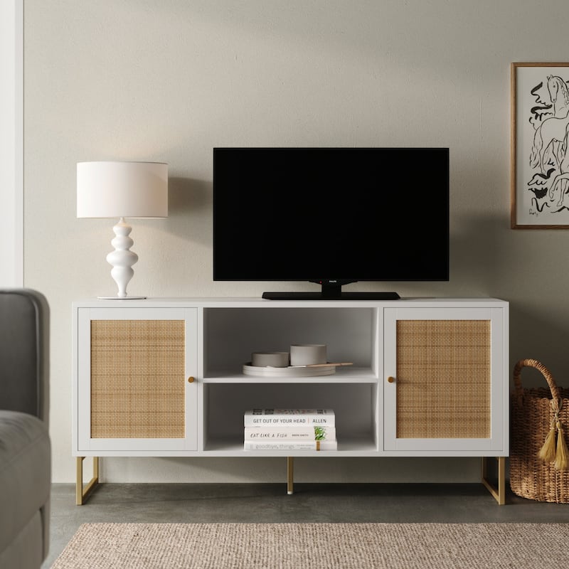 Nathan James Mina Modern TV Stand Entertainment Cabinet Media Console Oak Wood and Black Accents w/ Storage Doors