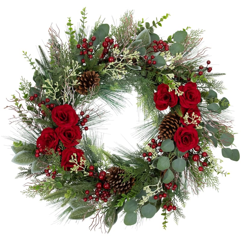 real touch™️ roses and berries artificial christmas wreath 30" unlit