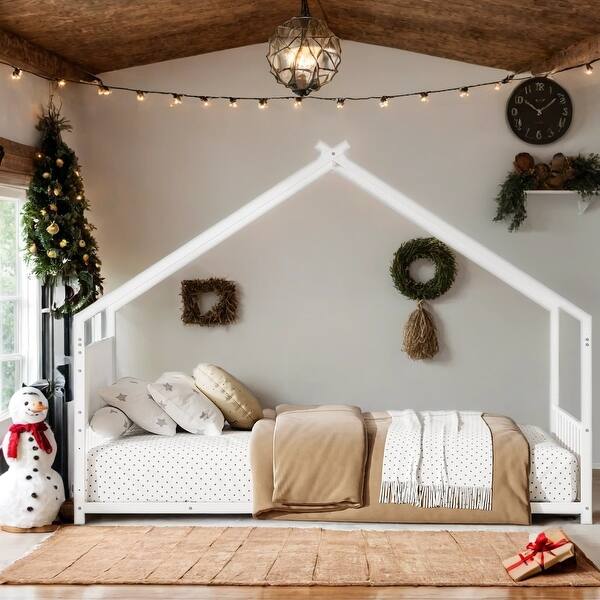 slide 2 of 22, House Bed with Slats, KIds Bed with Roof and Colorful Lights,Twin-Size White