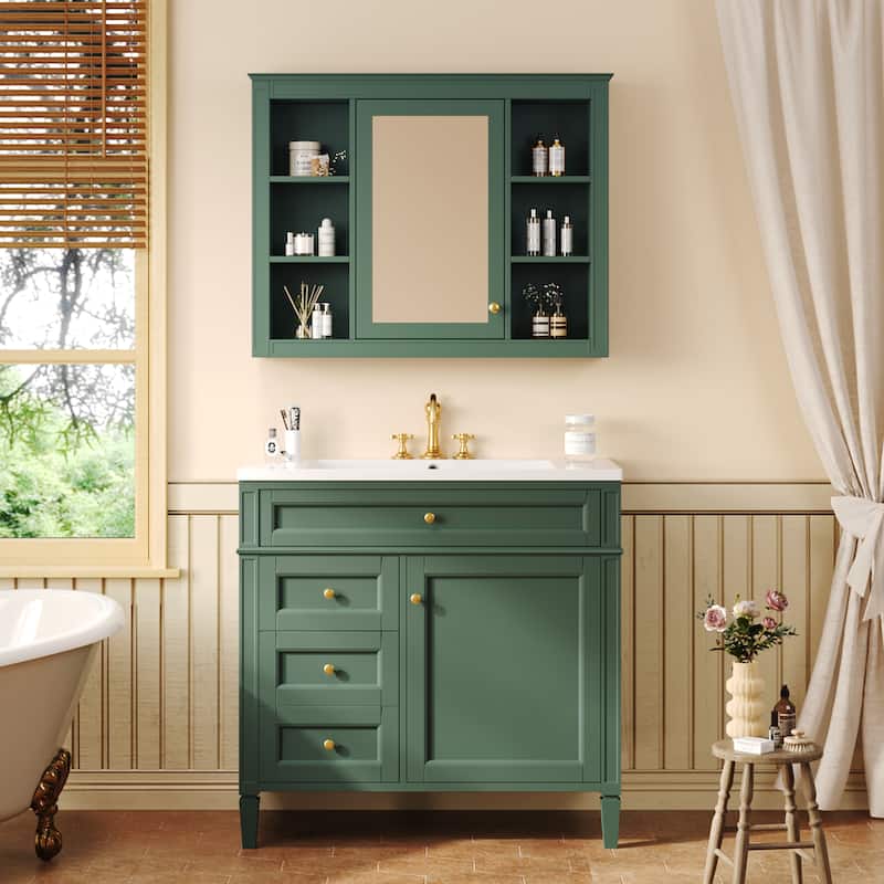 36 inch MDF Bathroom Vanity with Medicine Cabinet, Mirror Cabinet - 36" x 33" x 18" - 36" x 33" x 18" - Painted - Green