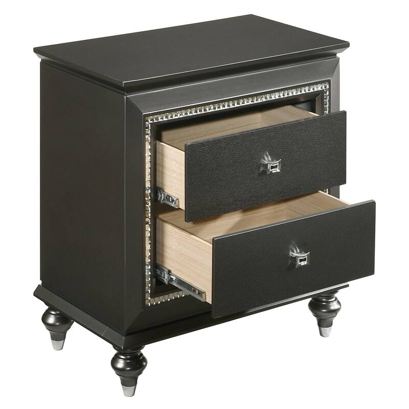 Metallic Grey Nightstand with 2 Drawers and Crystal-like Trim
