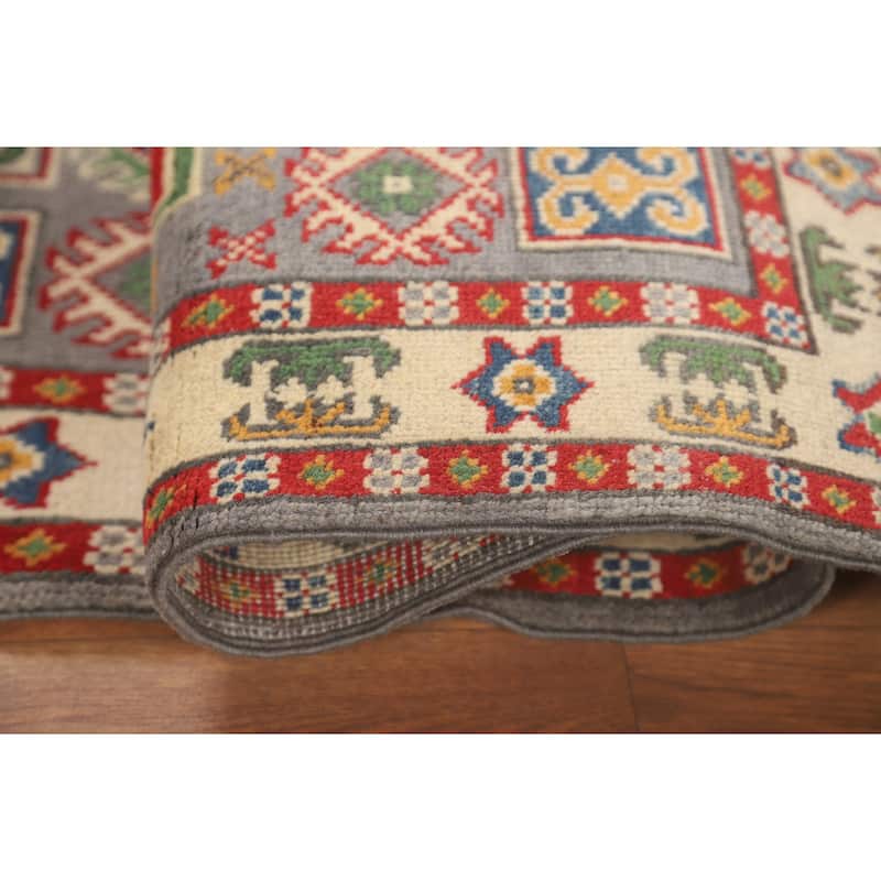 Geometric Grey Kazak Foyer Rug Handmade Wool Carpet - 2'7" x 4'2"