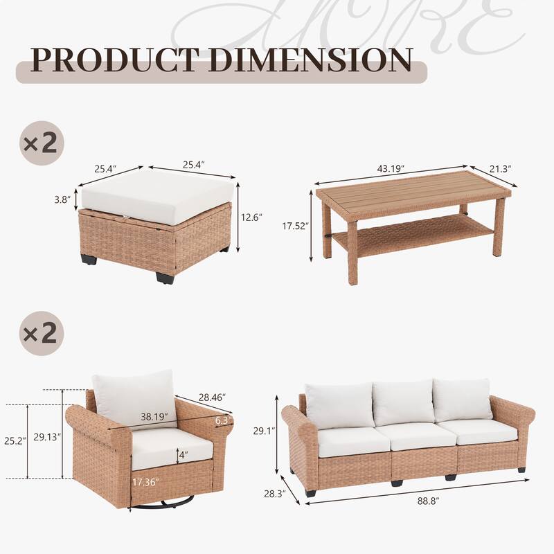 Outdoor 6-Piece Pe Rattan Garden Patio Sofa Set with Swivel Chair