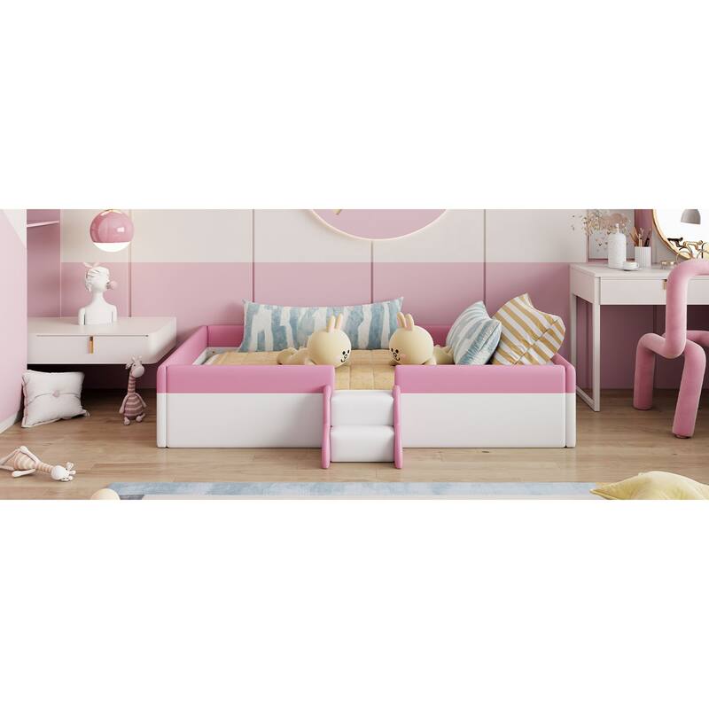 Roomfitters Twin/Full/Queen/King Size Upholstered Daybed Frame with Safety Fence and Stairs, PU Fabric Platform Bed with Slats