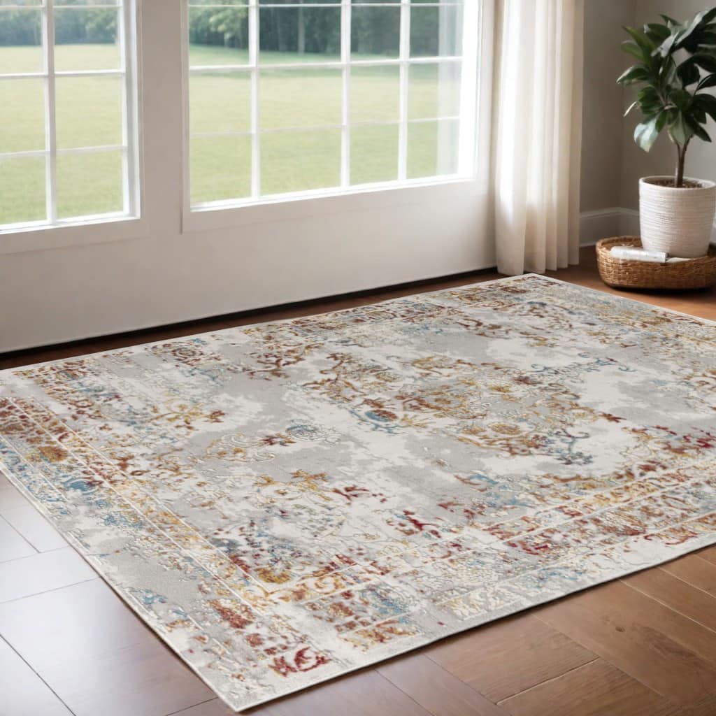 HomeRoots 3' X 5' Gray And Beige Distressed Ornate Area Rug