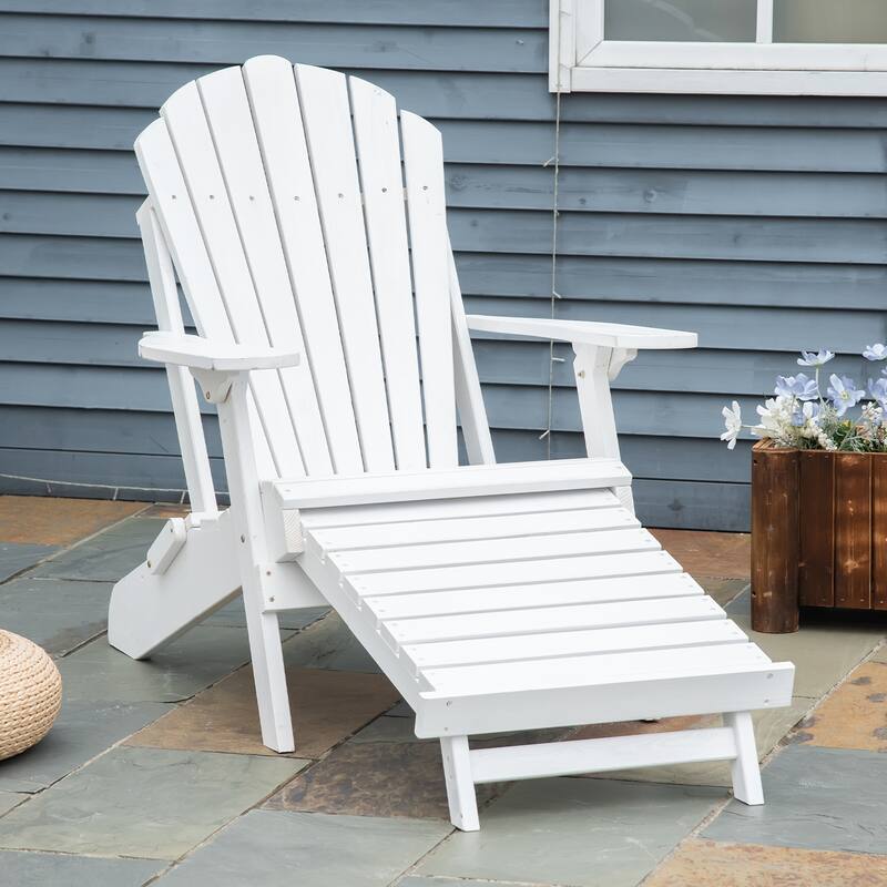 Outsunny Folding Adirondack Chair with Pull Out Ottoman, Outdoor Fir Wood Fire Pit Chair with Footrest, Porch Fanback Lounge - White