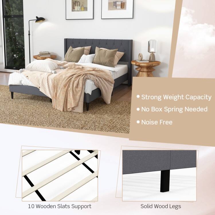 Upholstered Platform Bed with Button Tufted Wingback Headboard