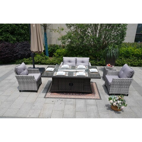 PE Ratten Patio Double Sofa and Rectangle Dining Sets with Fire Pit