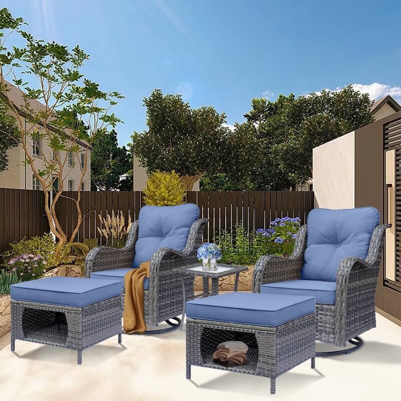 5 Piece Outdoor Wicker Patio Furniture Swivel Chair with Ottoman Set - Denim Blue-Gray Rattan