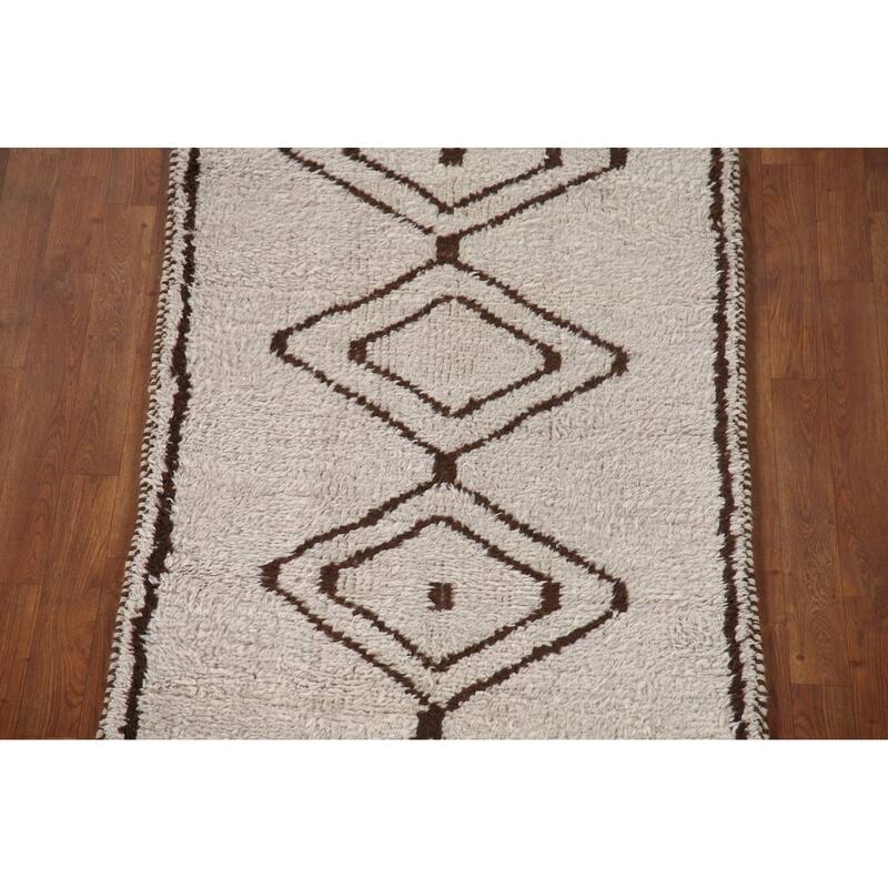 Geometric Beige Anatolian Runner Rug Handmade Wool Carpet - 3'1"x 10'4"