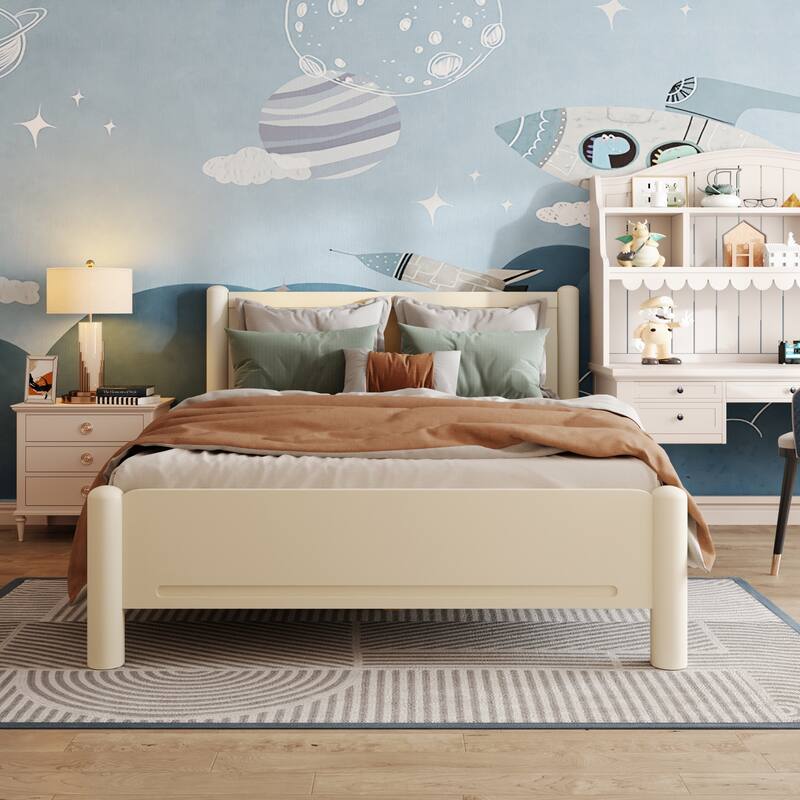 Queen Size Wood Platform Bed with Headboard, Solid Wood Legs, No Box Spring Needed, Beige - Beige+Natural