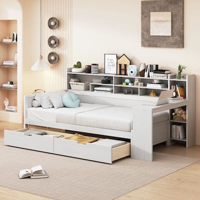 Wooden sofa bed with two storage drawers and desk
