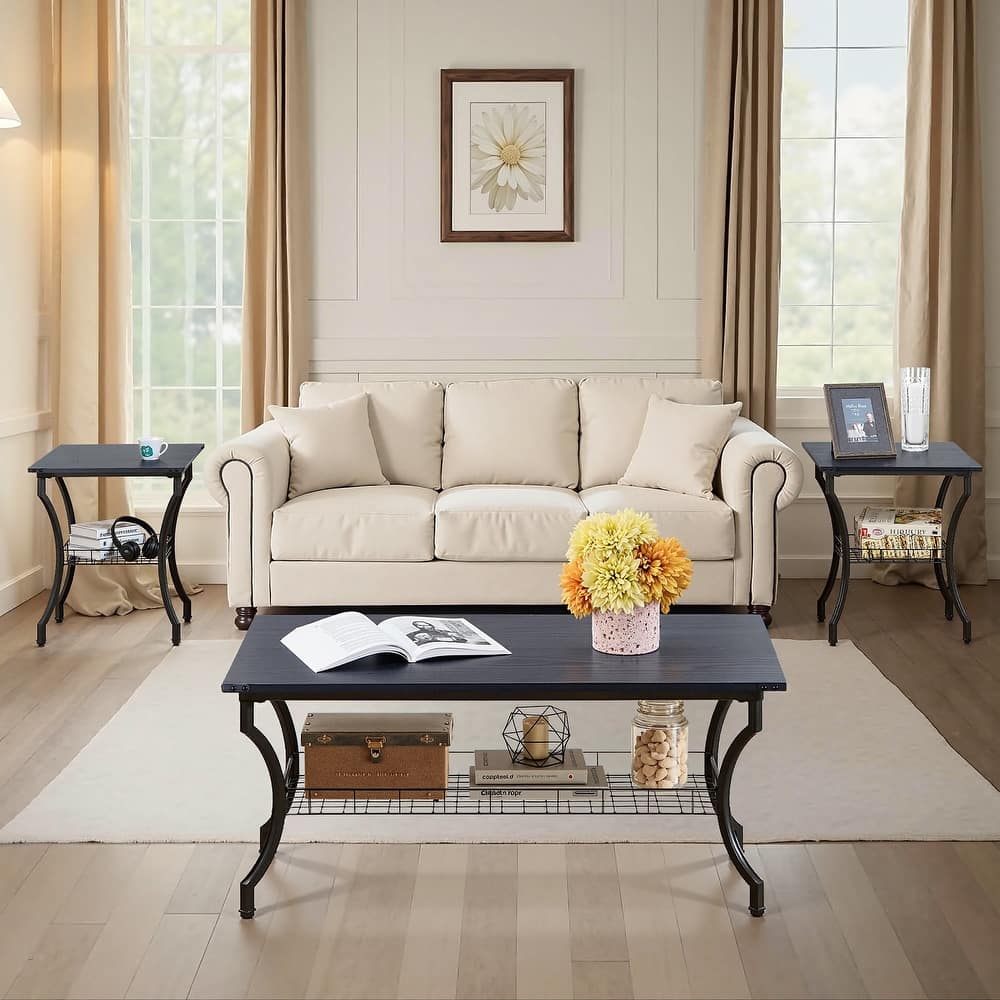 VECELO Mid Cectury 3-pieces Coffee Table Set, 3-Piece Living Room Table Set(Set of 3)