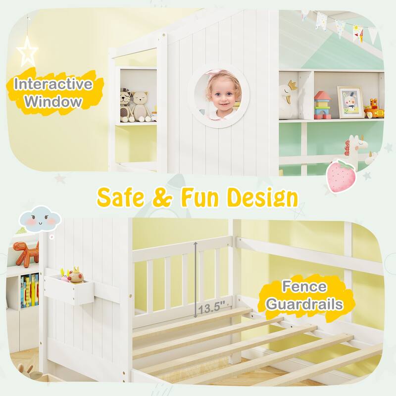 Gymax Twin Size House Bed Kids Bed Frame w/ 2 Storage Drawers & Fence