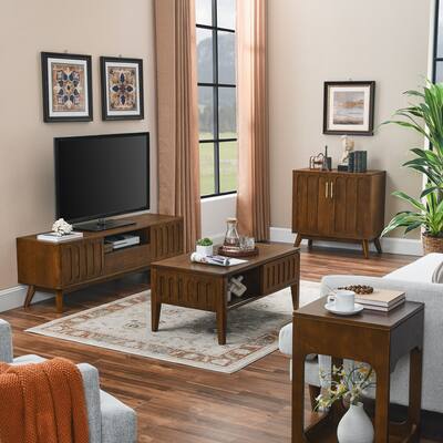 Mid Century Modern Fluted Sideboard with Adjustable Shelves & Solid Wood Legs, Walnut