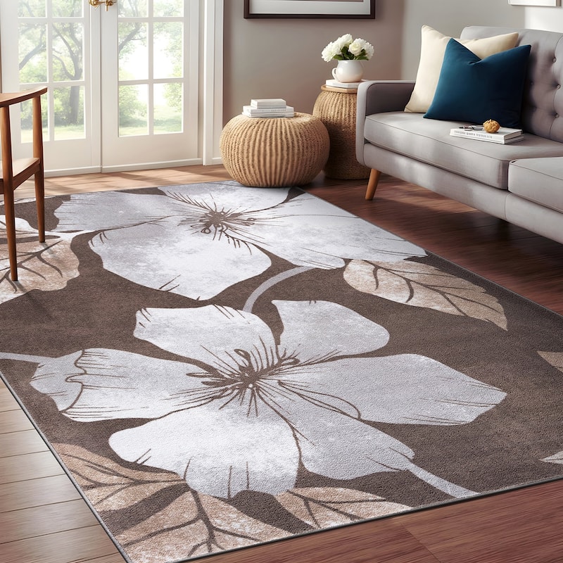 Bahamas Black White Floral Non-Slip Rubber Back Indoor Area Rug