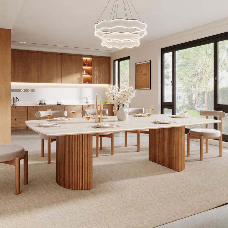 Large Dining Table with Double Pedestal for Dining Room - Beige+Brown