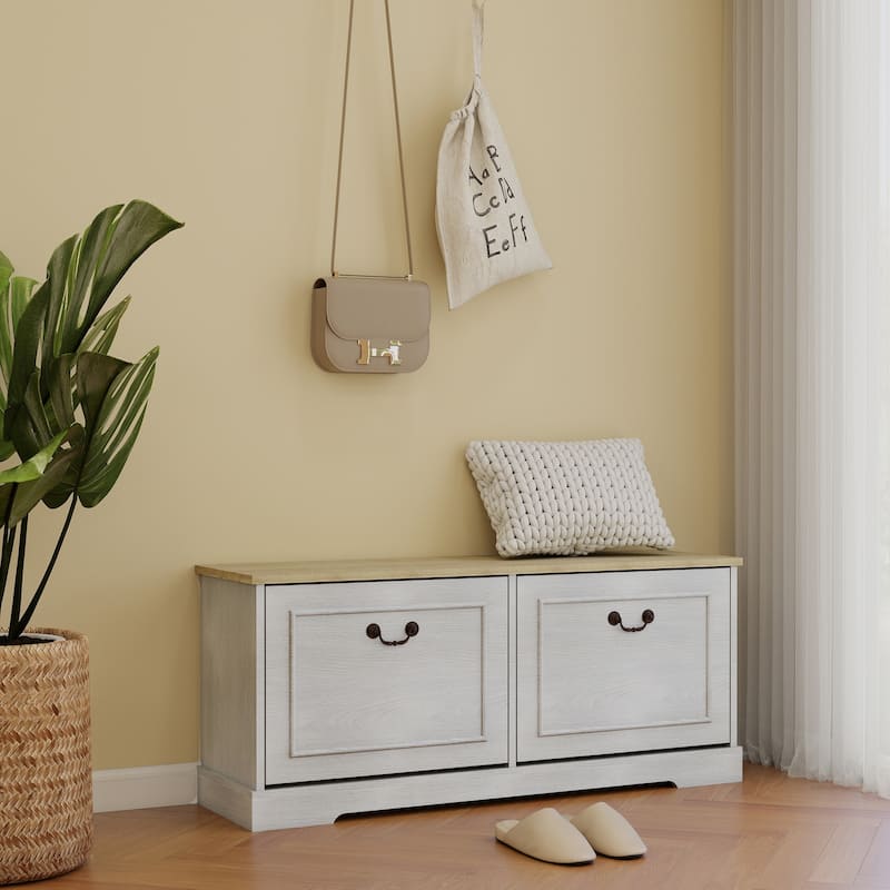 Antique White Shoe Storage Bench Featuring Flip-Up Drawers and Adjustable Shelf for Entryway, Hallway or Bedroom Use - 2 Flip Drawers