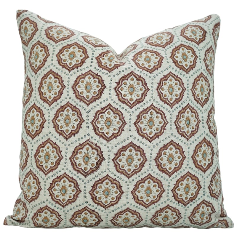 Fabdivine Decorative Floral Pillowcase Handmade Linen Block Print Accent for Sofa Kids Bed Rust Spring Décor, Sadabahar - Charkha- Brown, Blue - 22" x 22"