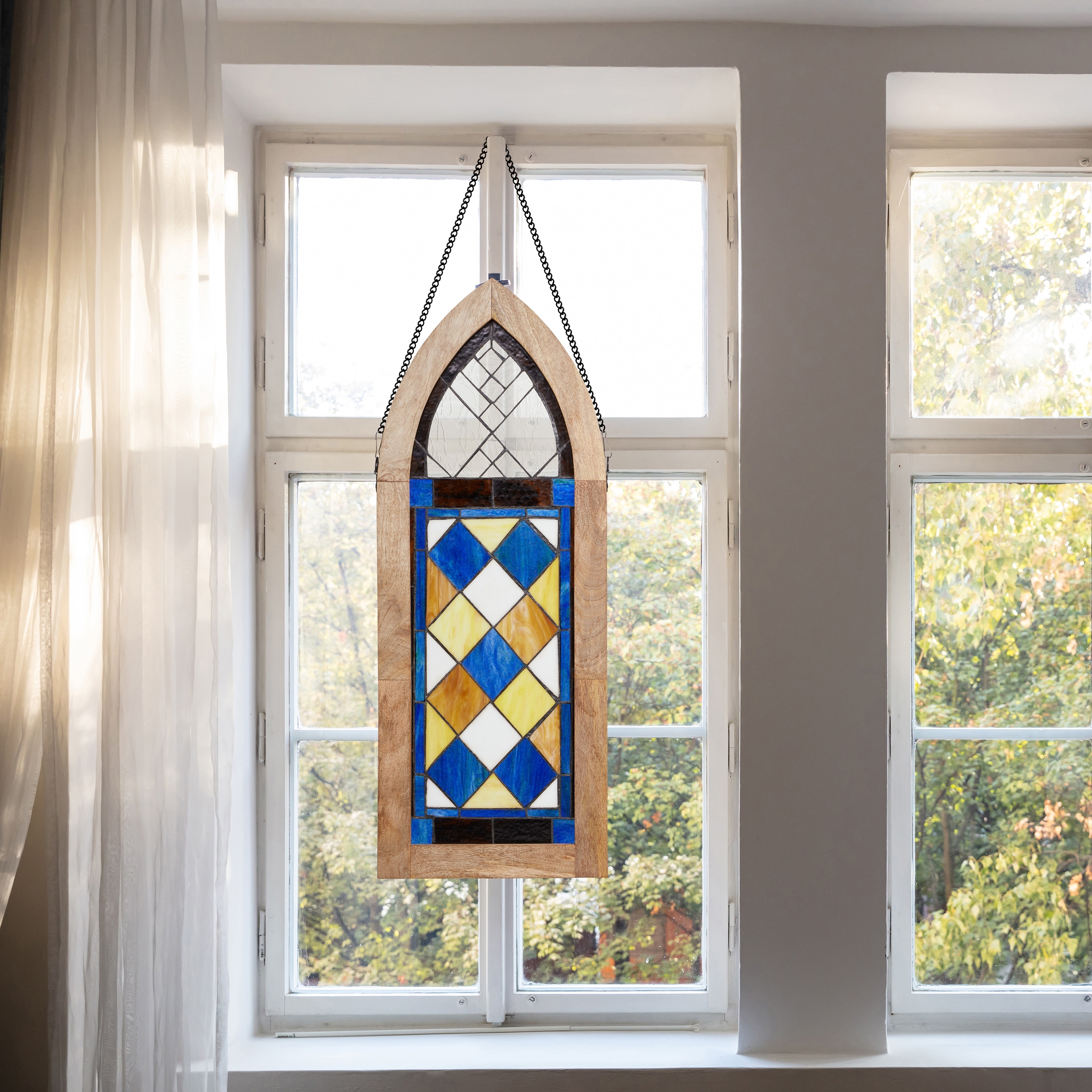 River of Goods 36-Inch Traditional Victorian Checkerboard Tiffany-Style Stained Glass Window Panel - 14" x 1" x 36"