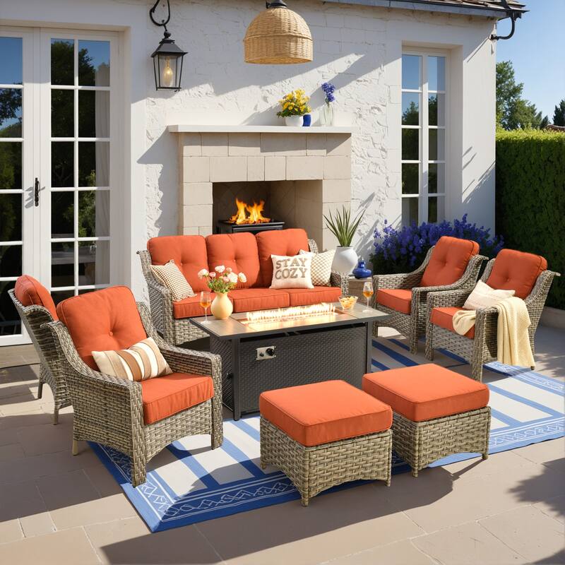 HOOOWOOO 8-piece Wicker Patio Ergonomic Conversation Set with 54" Fire Pit - Red