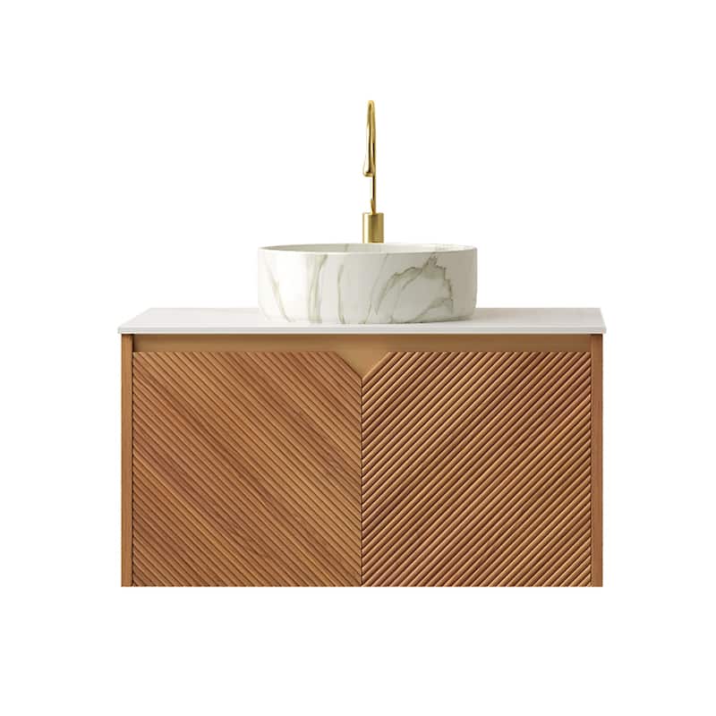 Floating Bathroom Vanity with Sintered Stone Top and Ceramic Vessel Basin