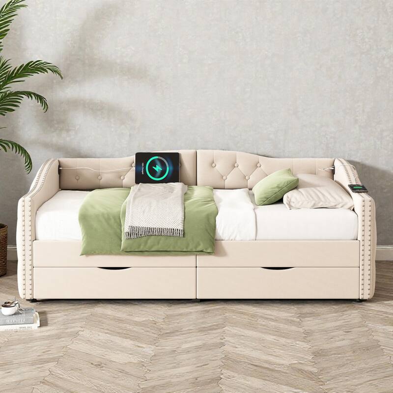 Twin Upholstered Daybed with Storage Drawers and USB Ports, Wood Daybed Frame, No Box Spring Needed - Beige - Twin