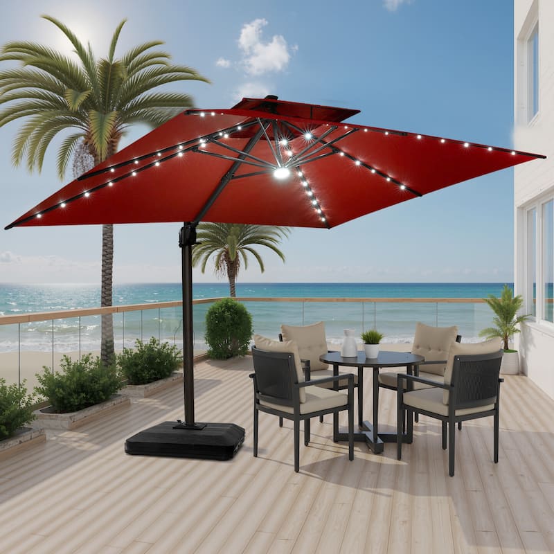Pellebant 11X11 FT Outdoor Square Cantilever Patio Umbrella Solar LED Lighted with Premium Base Stand - Red