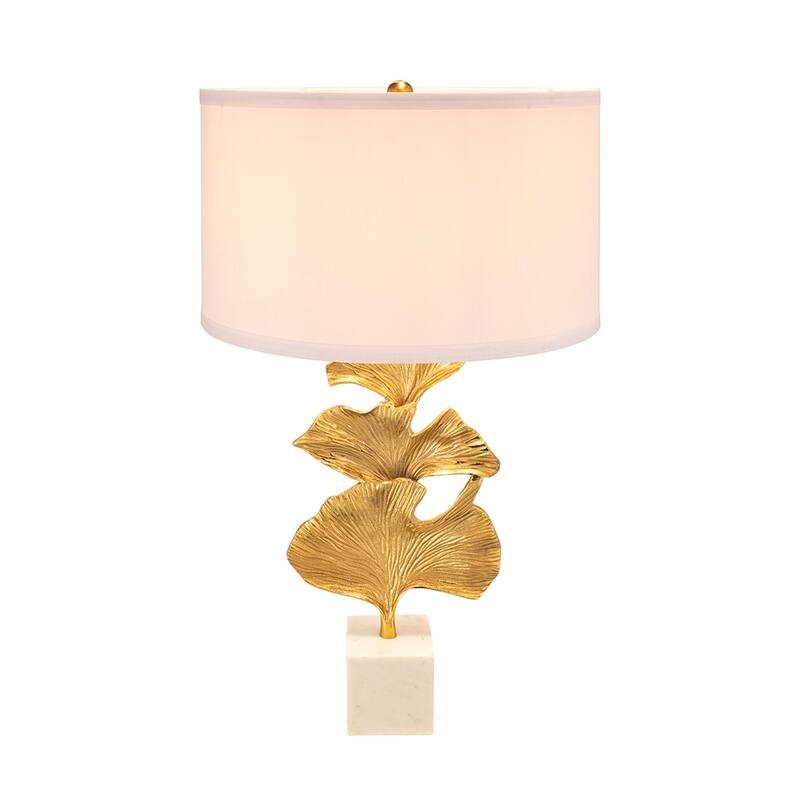 D17x30.2" Gold Ginkgo Leaf Table Lamp with Marble Base and White Drum Shade (Lamp Shade Assembly Required)