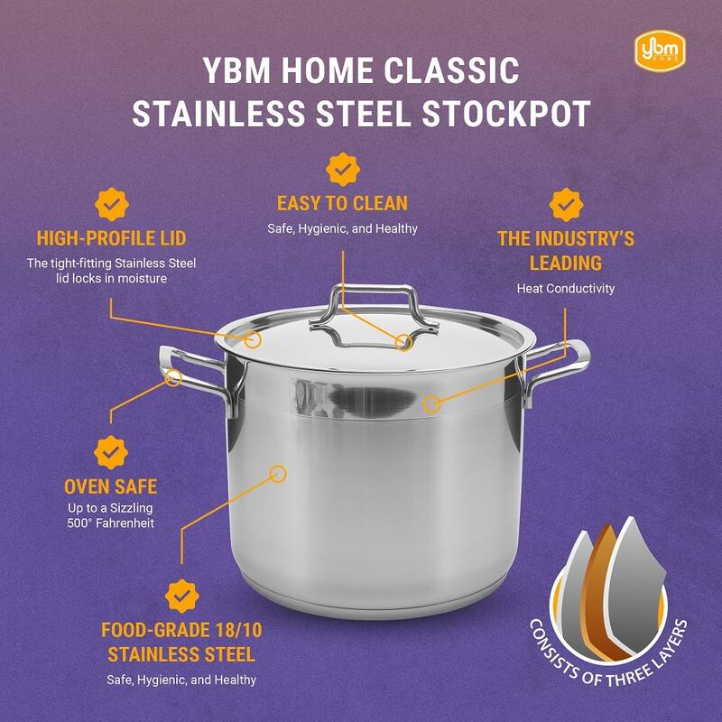 Hascevher Classic 18/10 Stainless Steel StockPot Covered Cookware Induction Compatible Oven Safe 9 Quart