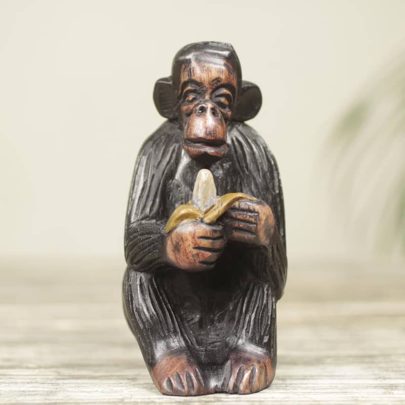 Novica Handmade Monkey Peeling A Banana Ebony Wood Figurine